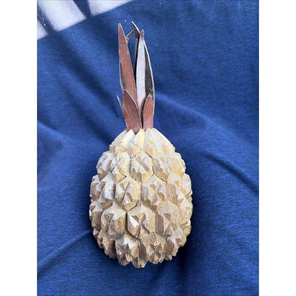 Hand Carved Wooden Pineapple Sculpture Geometric Folk Art Tropical Decor